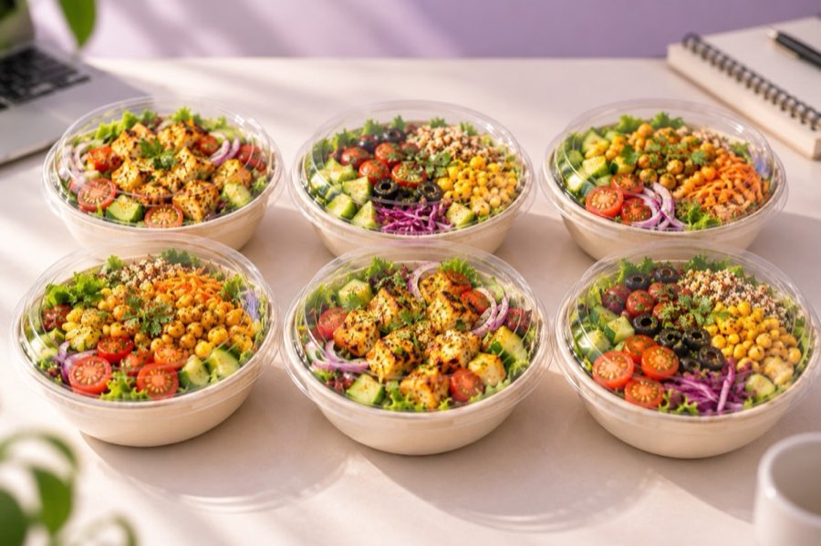 Salad bowls packed together for an office order